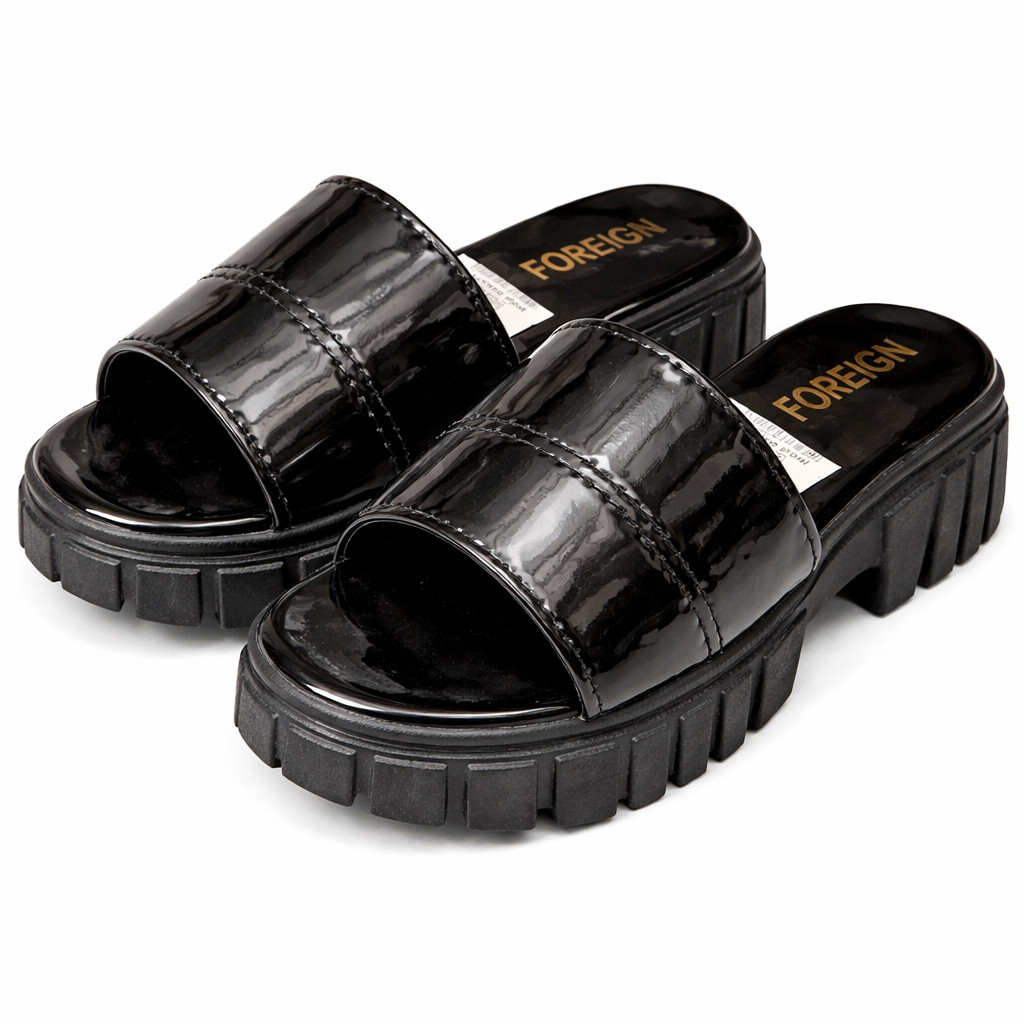 Chunky Platform Slide Sandals with Glossy Upper